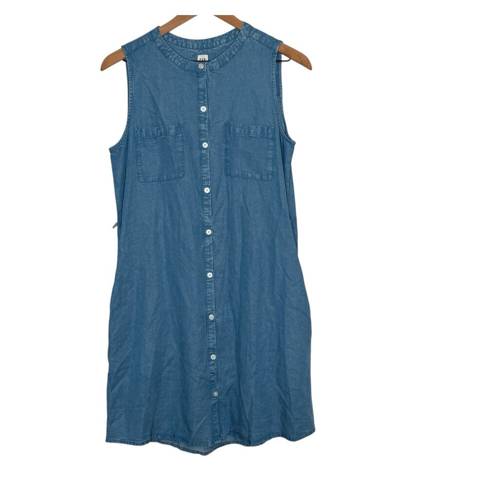 GAP Denim Button Front Dress Petite‎ S Chambray Sleeveless Cottagecore NWT - Picture 2 of 8